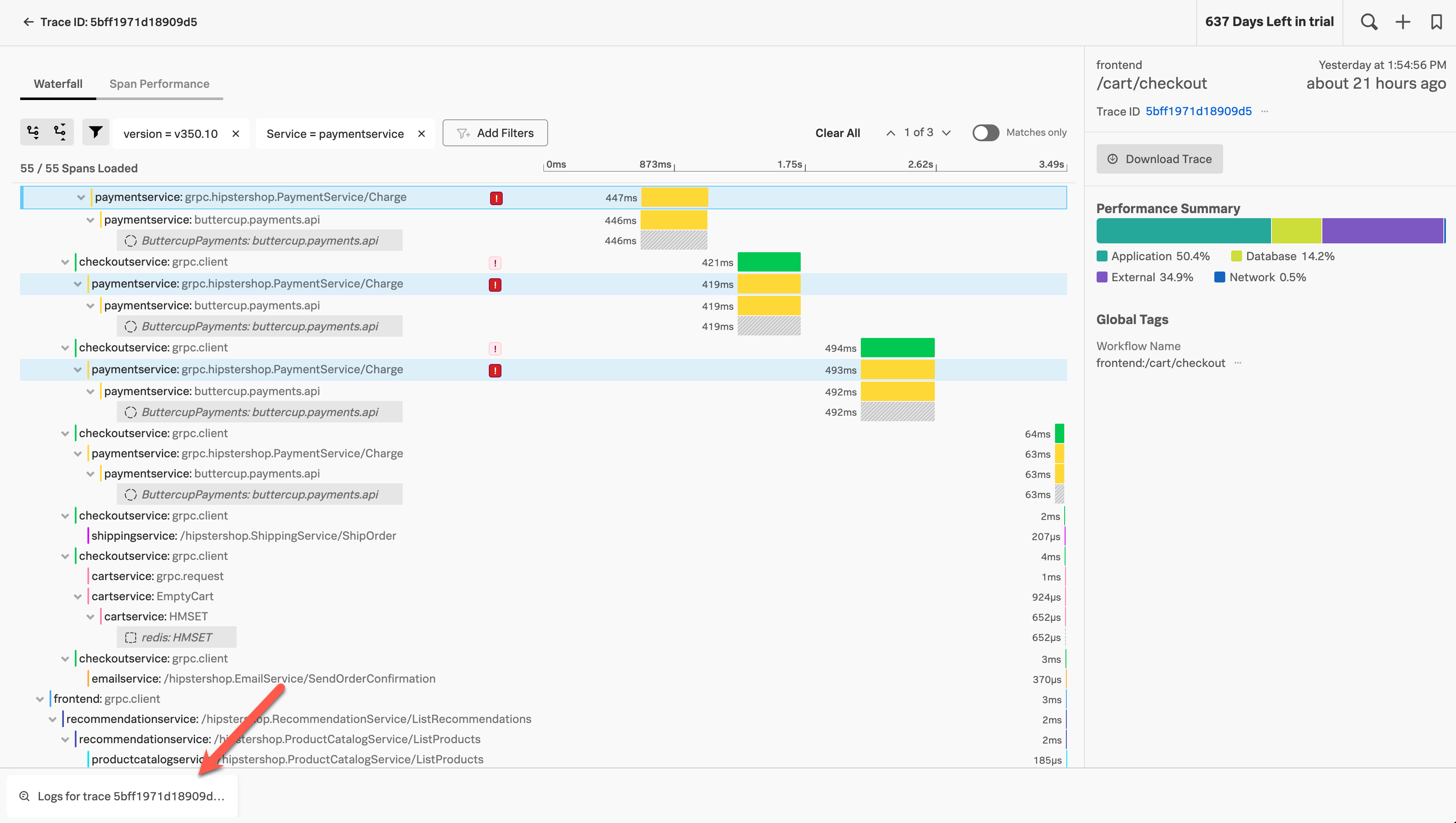 This screenshot shows a trace view with the option to review the logs for the trace.